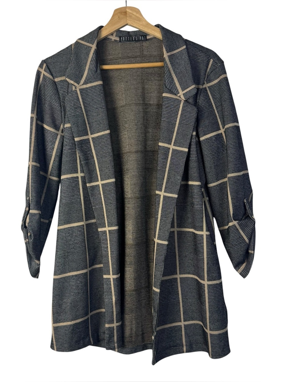 Potter's Pot Gray & Cream Square Plaid Open Front Blazer Jacket S